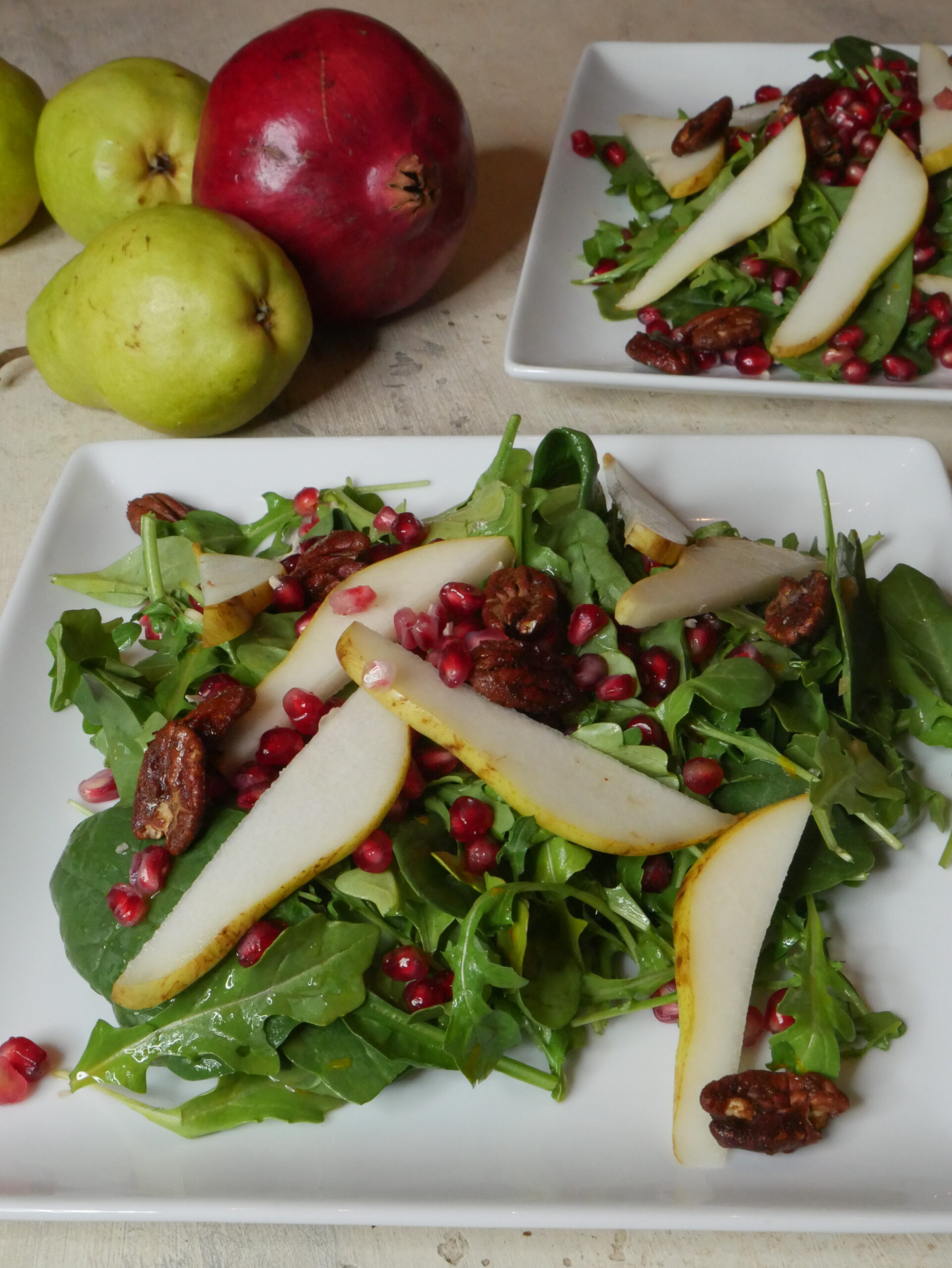 Spinach-Arugula Salad with Pears, Pomegranates, Candied Pecans, & Citrus Vinaigrette