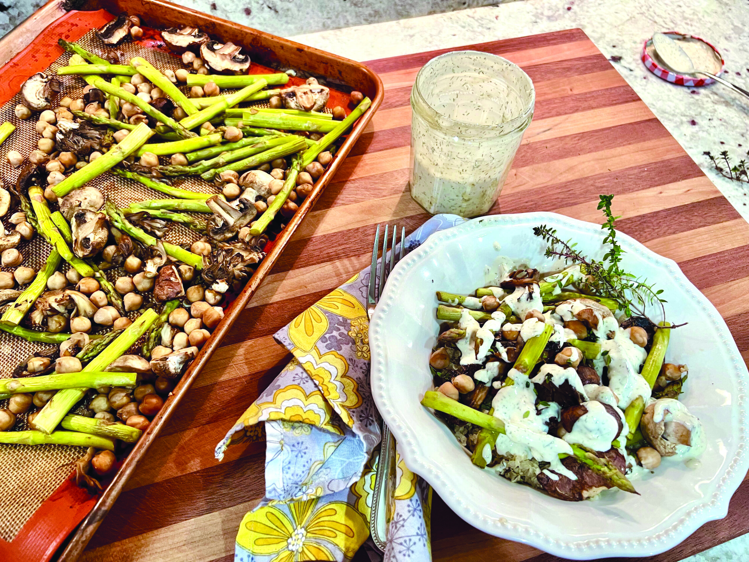Roasted Asparagus, Mixed Mushrooms, and Chickpeas over Quinoa with Lemon-Tahini Sauce￼