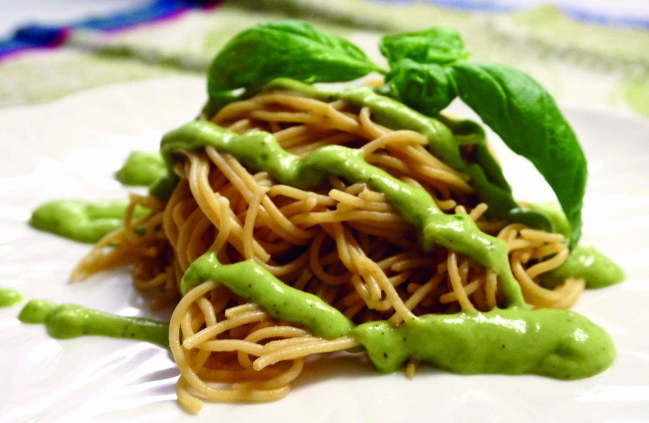 Pasta with Creamy Avocado Sauce with Fresh Basil and Lime